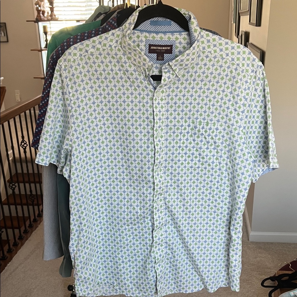 Johnston & Murphy Men's Shirt with Green and White Pattern